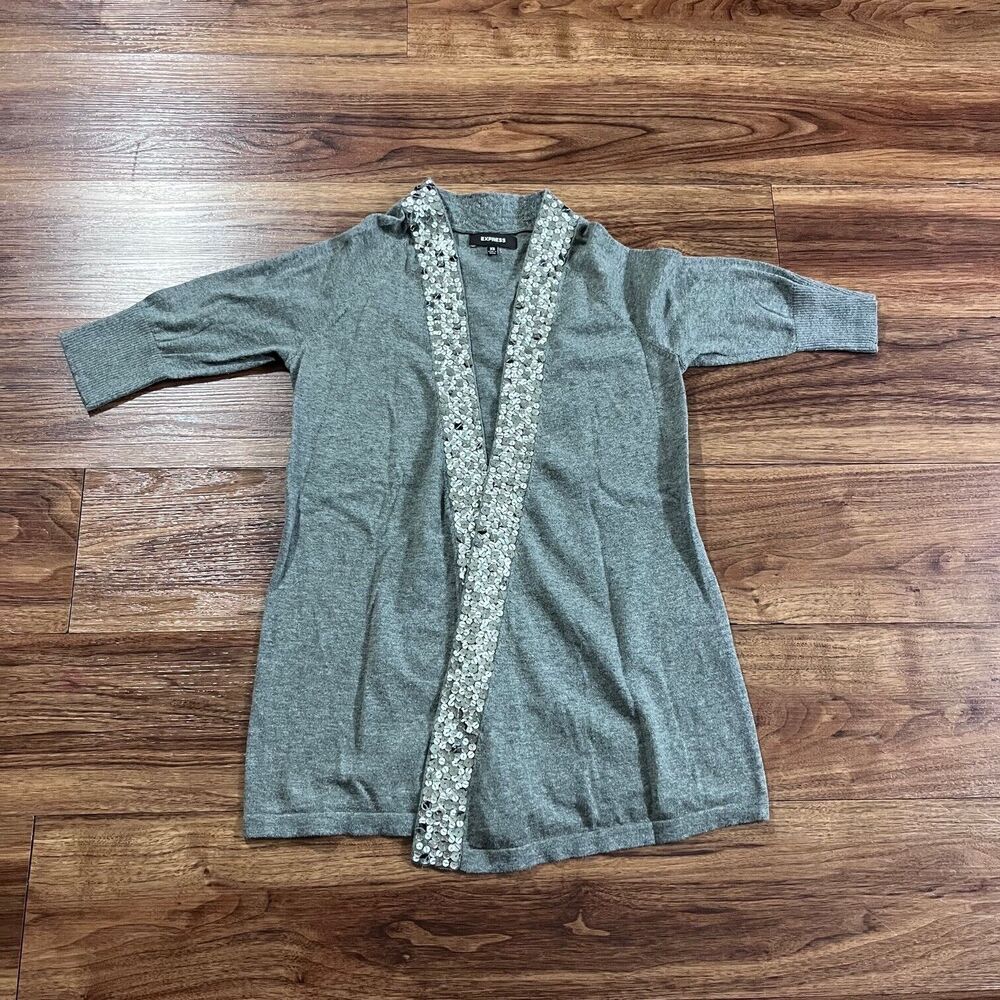 Express Sweater Open Front Sequin Trim Knit 3/4 Sleeve Cardigan Gray Women's XS